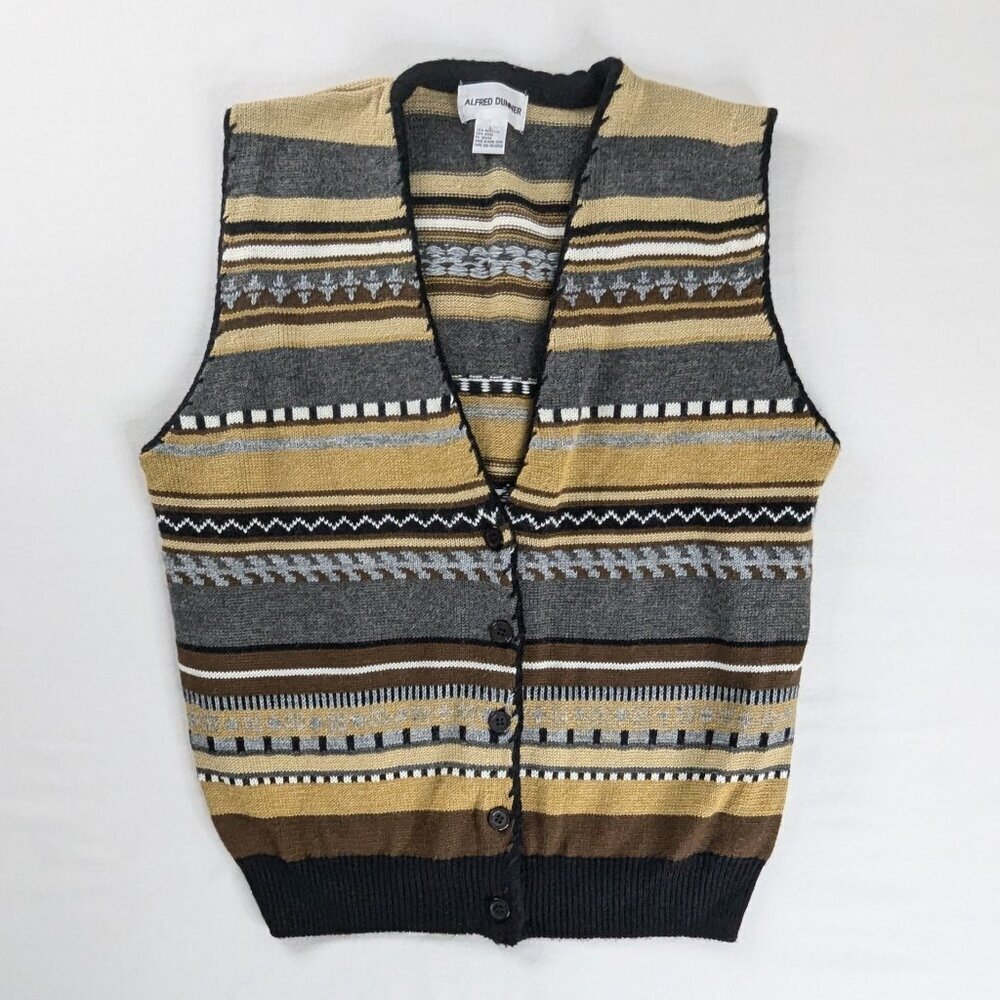 Brown Tan Multi Knit Print Stripe Button Front V Neck Knit Wool Sweater Vest
